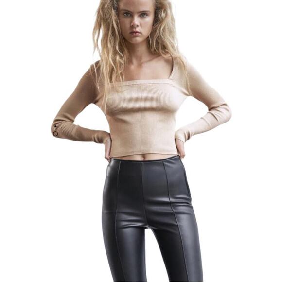 Zara Black Faux Leather High Waisted Leggings Pants Size Small 7102/260 - Picture 4 of 14